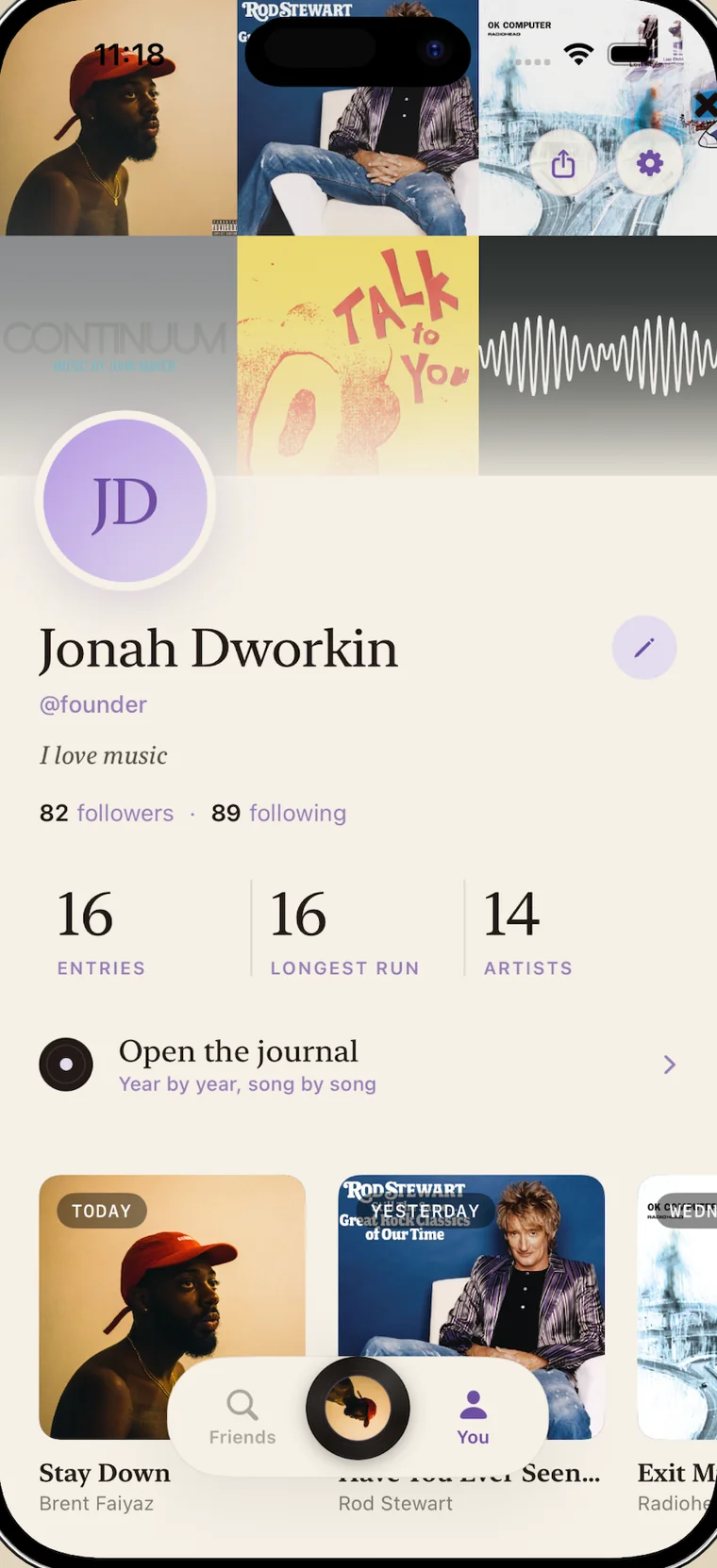 A Cue profile: a mosaic of album covers behind the avatar, entry, longest-run and artist counts, a link into the journal, and a row of recent days.
